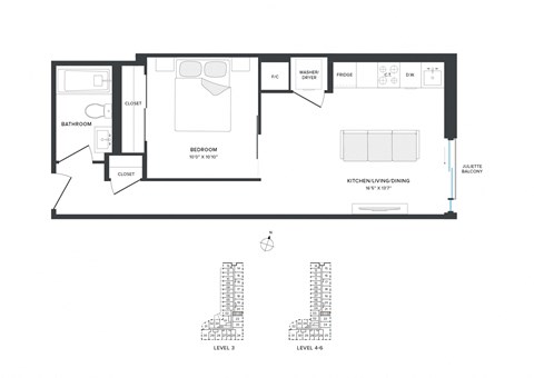 Floor plan for 1 bed, 1 bath, 529 sqft